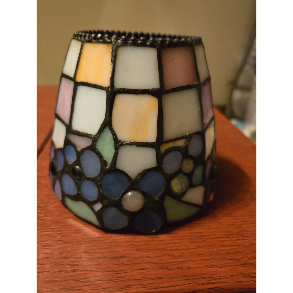 Vintage Stained Glass Lamp Shade Floral Pastel Mosaic Leaded Glass Small Shade - Picture 2 of 12